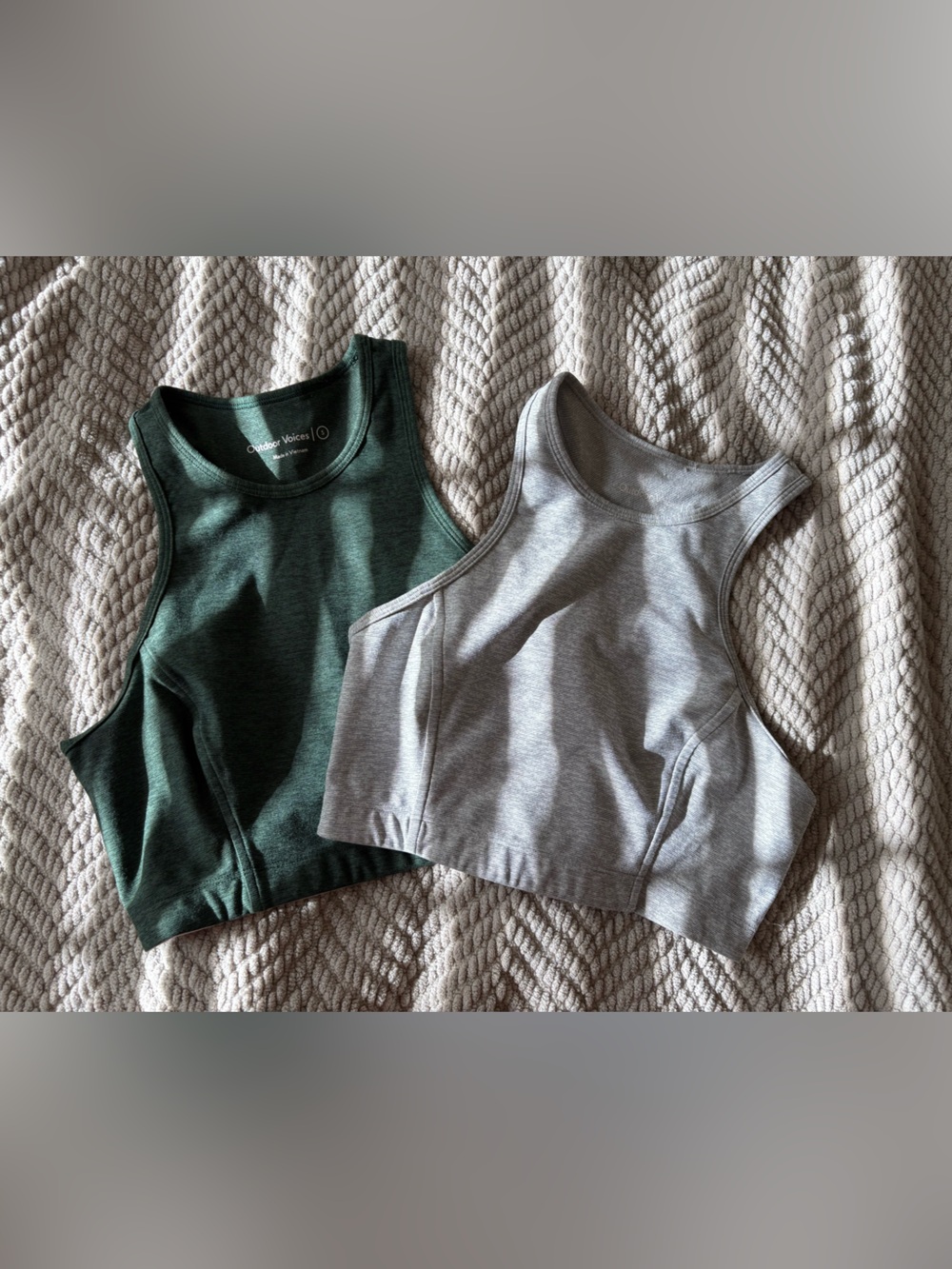 Outdoor Voices Ribbed Racerback Sports Bras in Forest Green and Light Gray